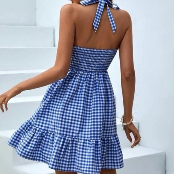 NWOT SHEIN Blue Gingham Halter Mini Dress Bow Front Fit & Flare Size S - Picture 2 of 6